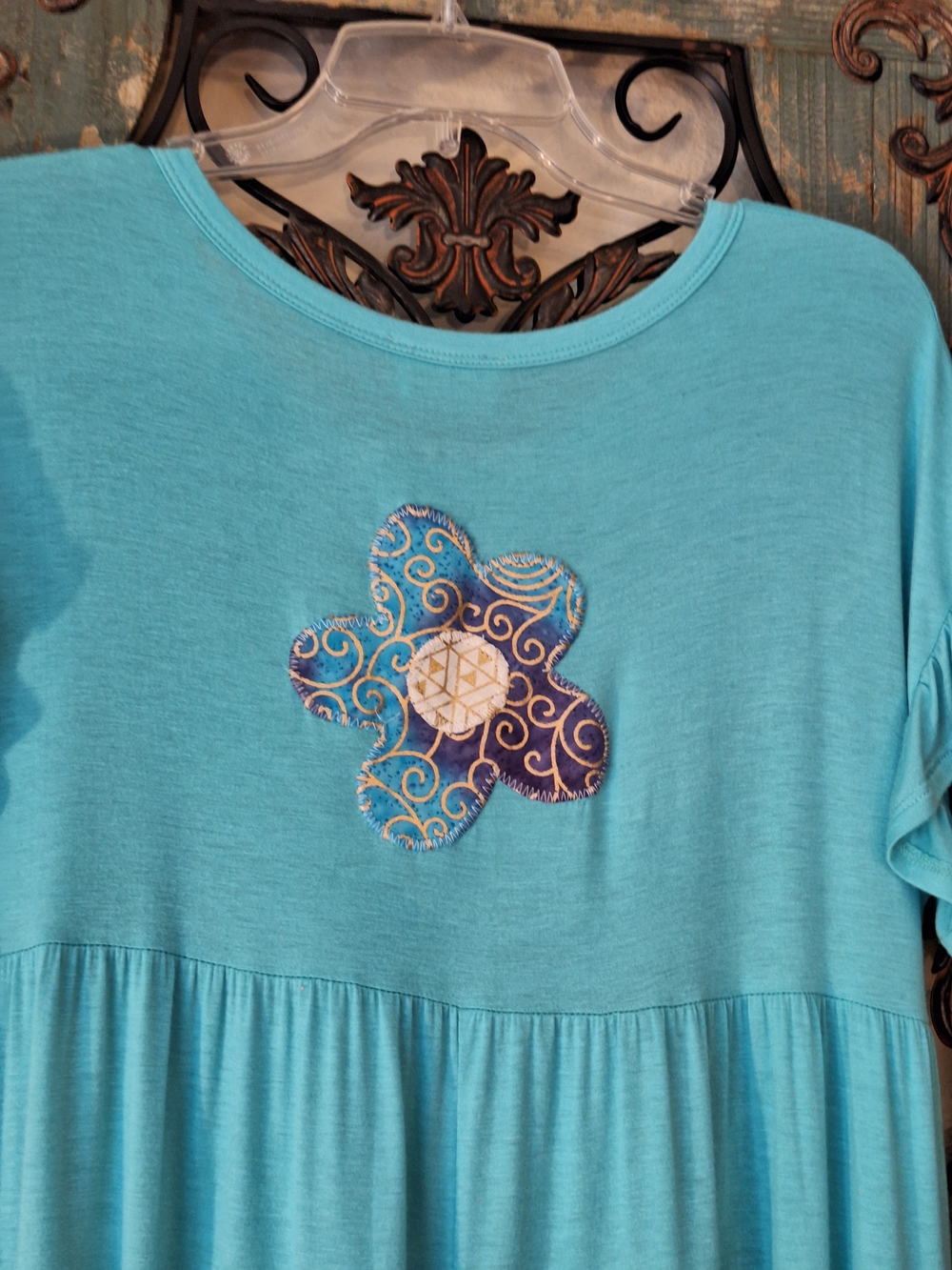 Rework Patchwork BiBi Aqua Tiered Short Sleeve Top. Size S - Picture 8 of 10